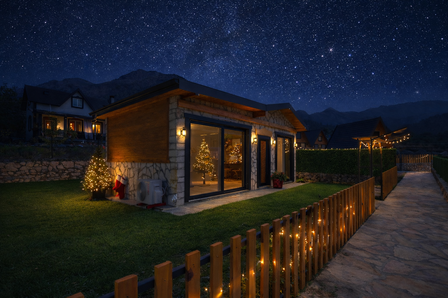 Denizli Tatil Evleri bungalov gece görüntüsü